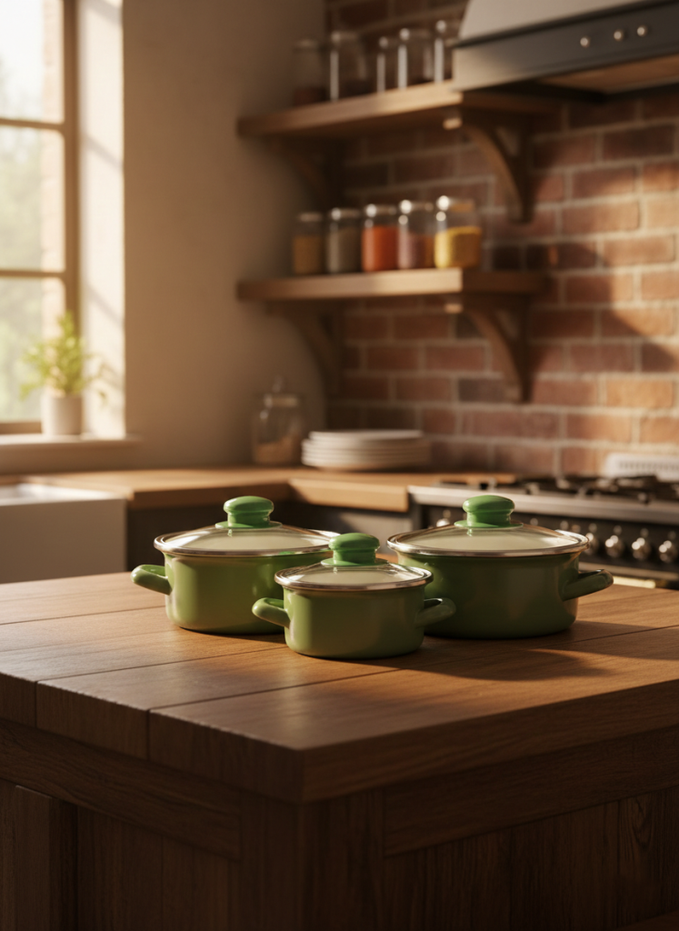 Lüks Emaye 6 Parça Mini Tencere Seti 12/14/16 Cm Yeşil 2406-C