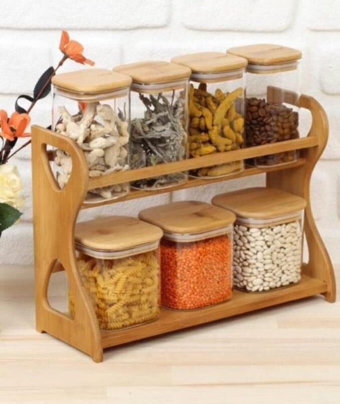 Arow 7 Parça Baharat Takımı Cam Bambu Kapaklı Kare 2418