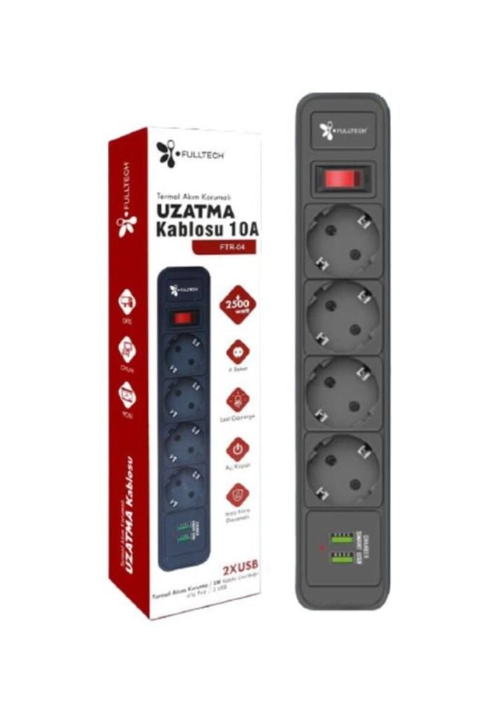 Fulltech Termal Akım Korumalı, Isıya Dayanıklı 4'lü Priz 2 m 2 USB'li  FTR-04