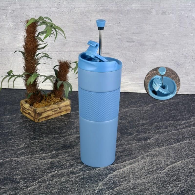 Tohana 75320 French Press Termos Mavi Paslanmaz Çelik Termos Mug 450 Ml