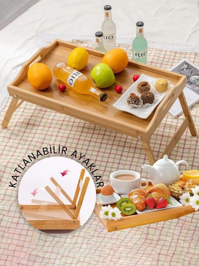 Kapris Katlanır Ayaklı Bambu Tepsi Yatak Keyif Tepsisi Masası 50X30 Cm KAP-112