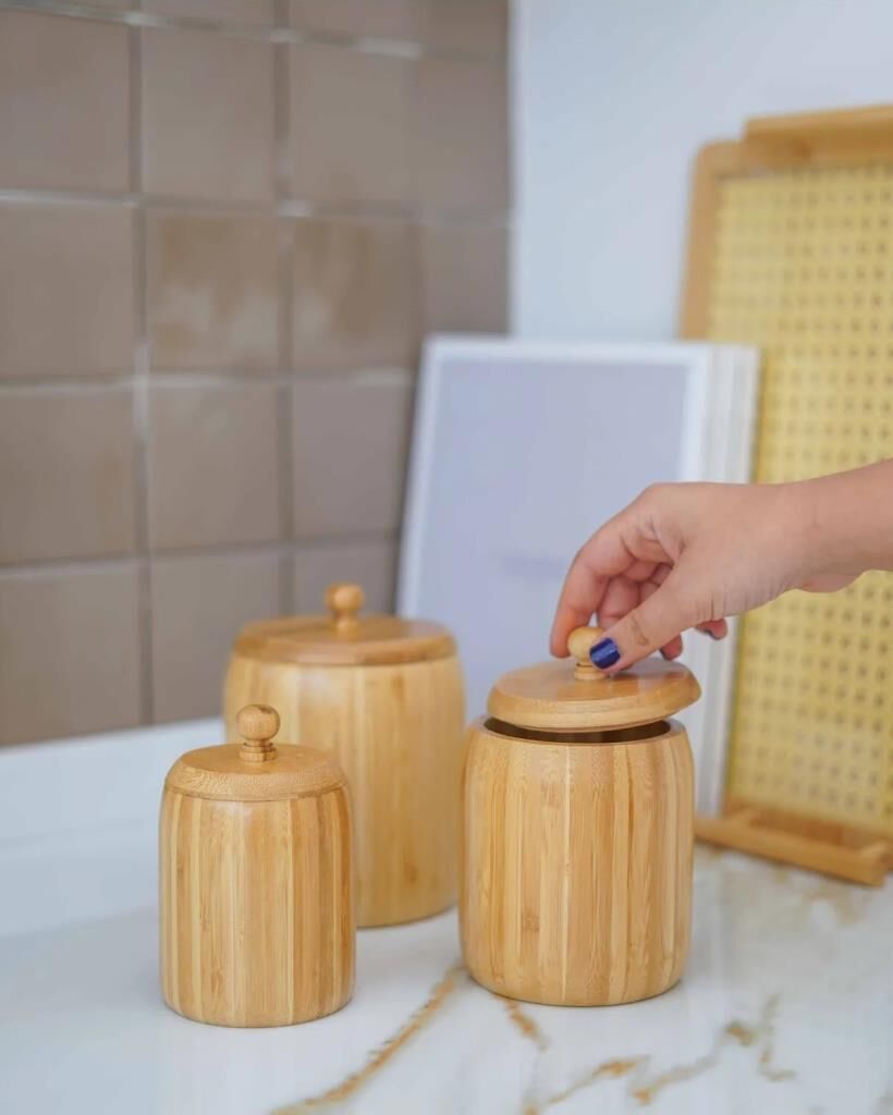 Kapris 3'lü Bambu Kavanoz Baharatlık Şekerlik