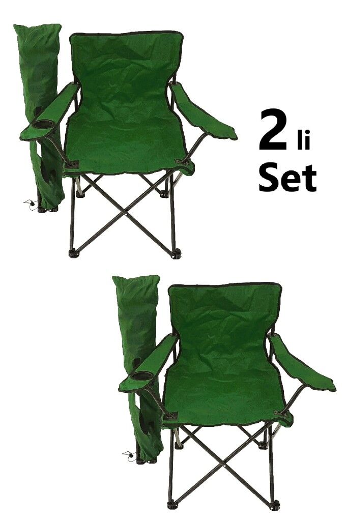 2 Adet Katlanır Kamp Sandalyesi Taşıma Çantalı Bardaklıklı Yeşil