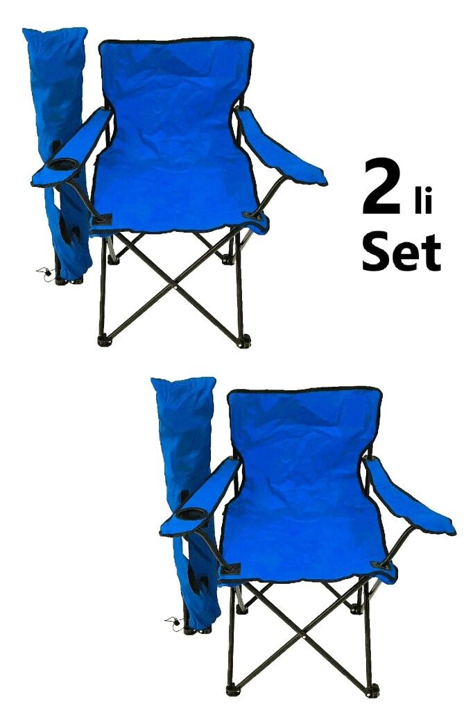 2 Adet Katlanır Kamp Sandalyesi Taşıma Çantalı Bardaklıklı Mavi