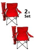 2 Adet Katlanır Kamp Sandalyesi Taşıma Çantalı Bardaklıklı Kırmızı