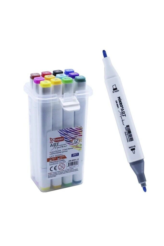 Mikro Çift Uçlu Fosforlu Kalem Art Marker 12 Renk