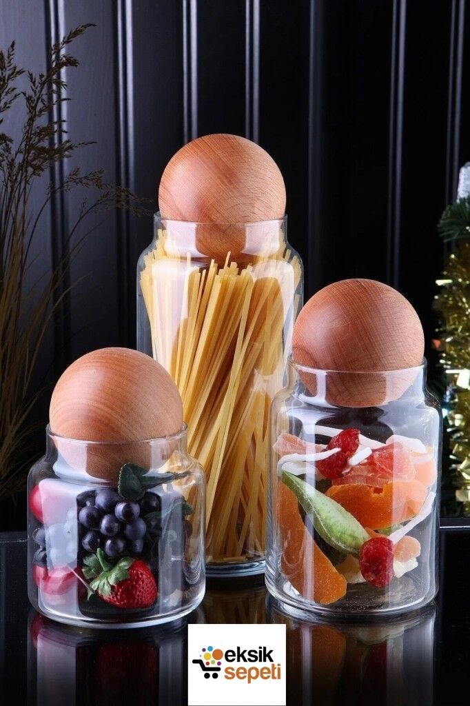 Mien Ahşap Top Kapaklı 3lü Cam Kavanoz Seti M-B02