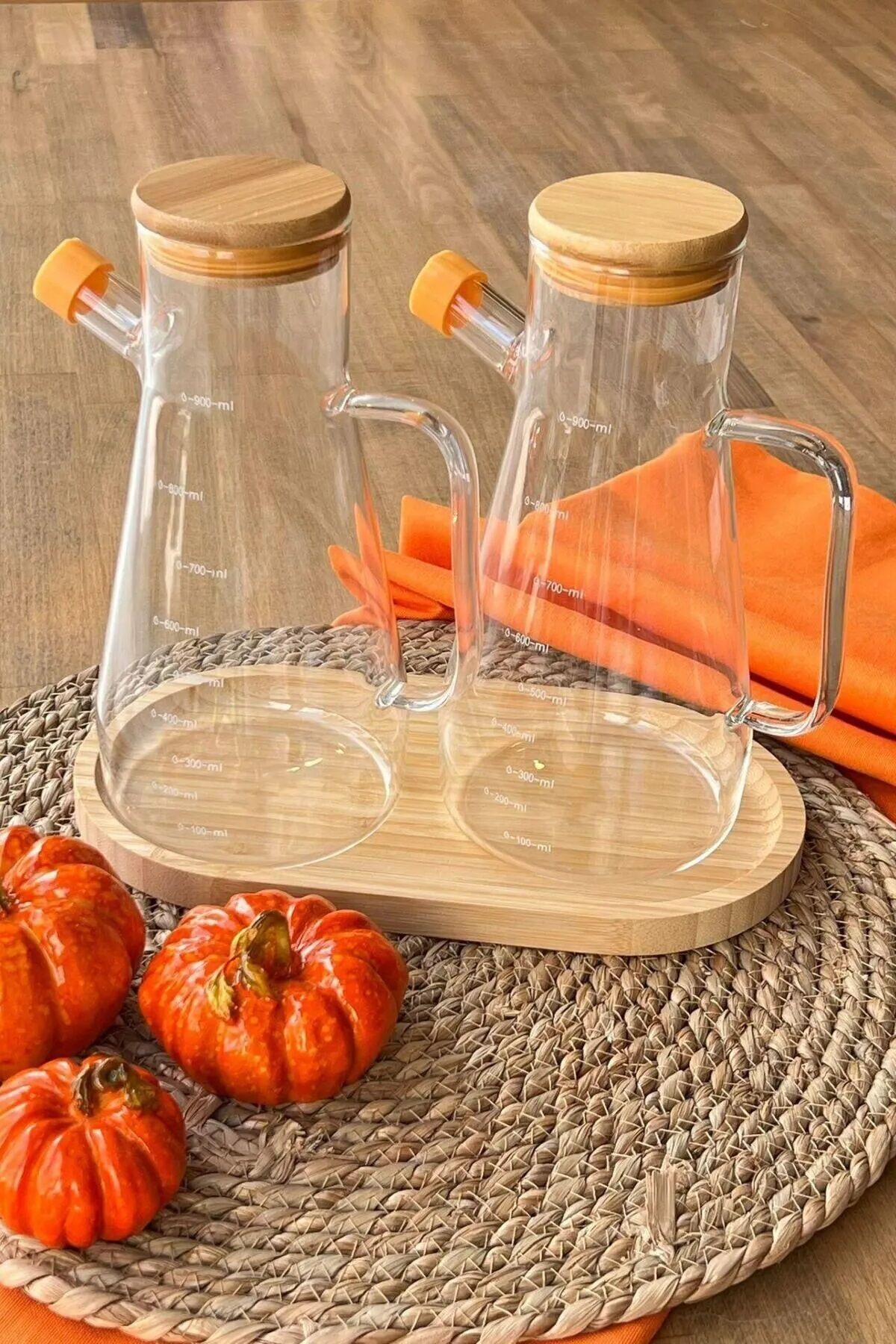 Perotti 2 Adet Bambu Kapaklı Borosilikat Cam Yağlık Sirkelik 900ml 16532