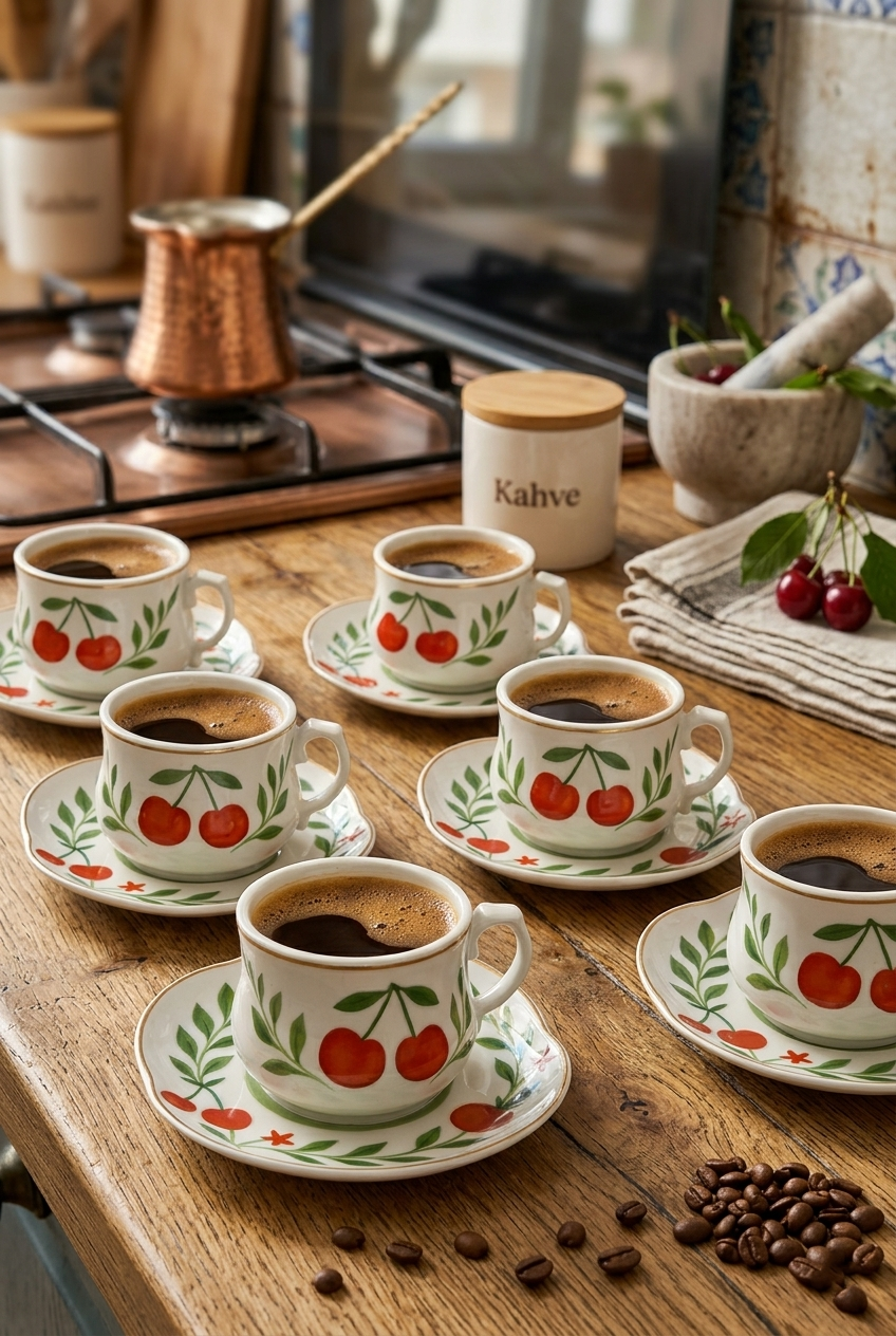 Acar Kiraz Desenli 6 Kişilik Kahve Fincanı Takımı 90 ml 09502