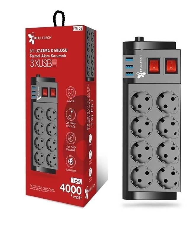 Fulltech Termal Akım Korumalı 8 Li Uzatma Kablosu  3XUsb 2 Mt 16 Amper FTR-08