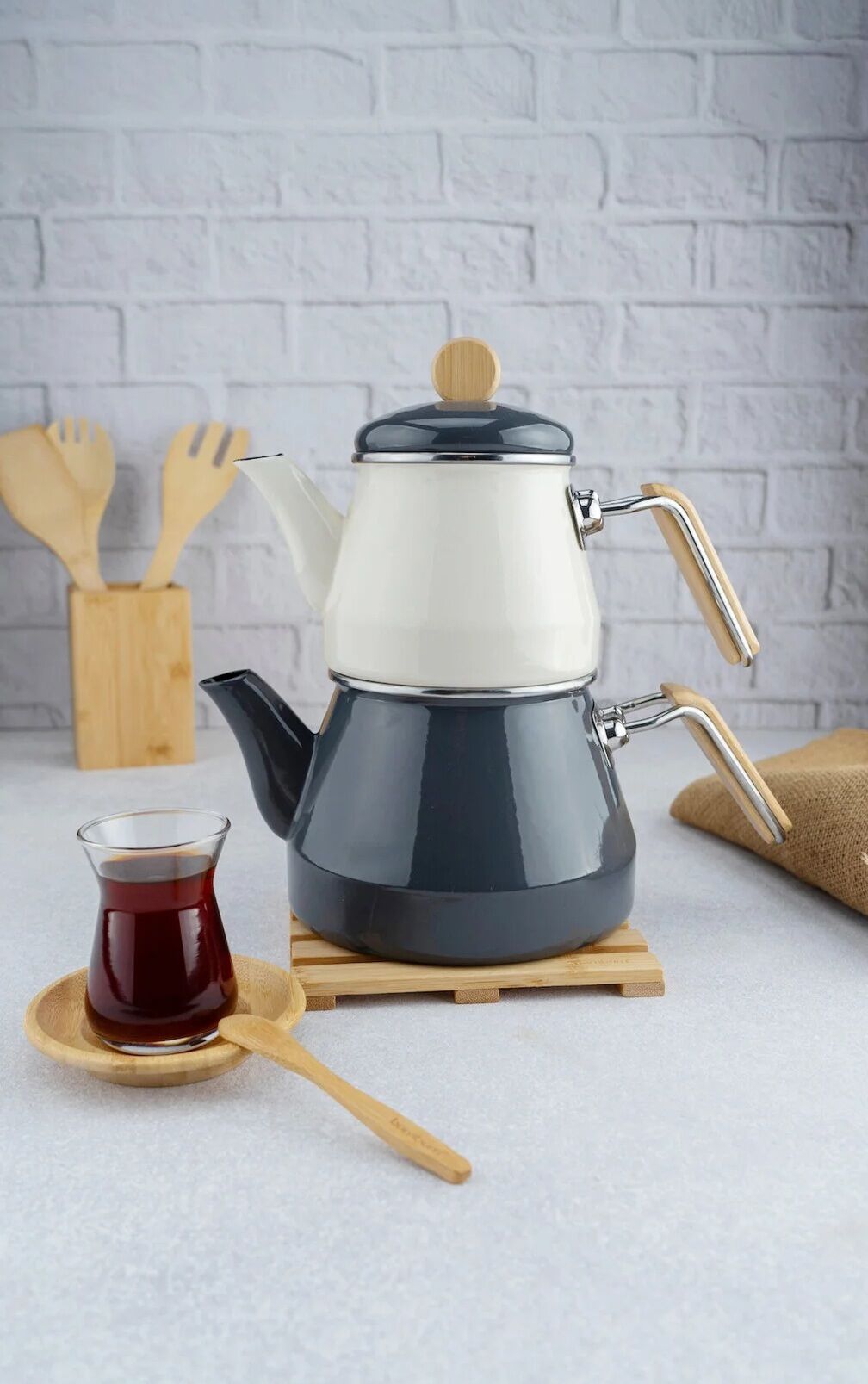 Bambum Lumino Bambu Kulplu Çaydanlık Takımı Gri