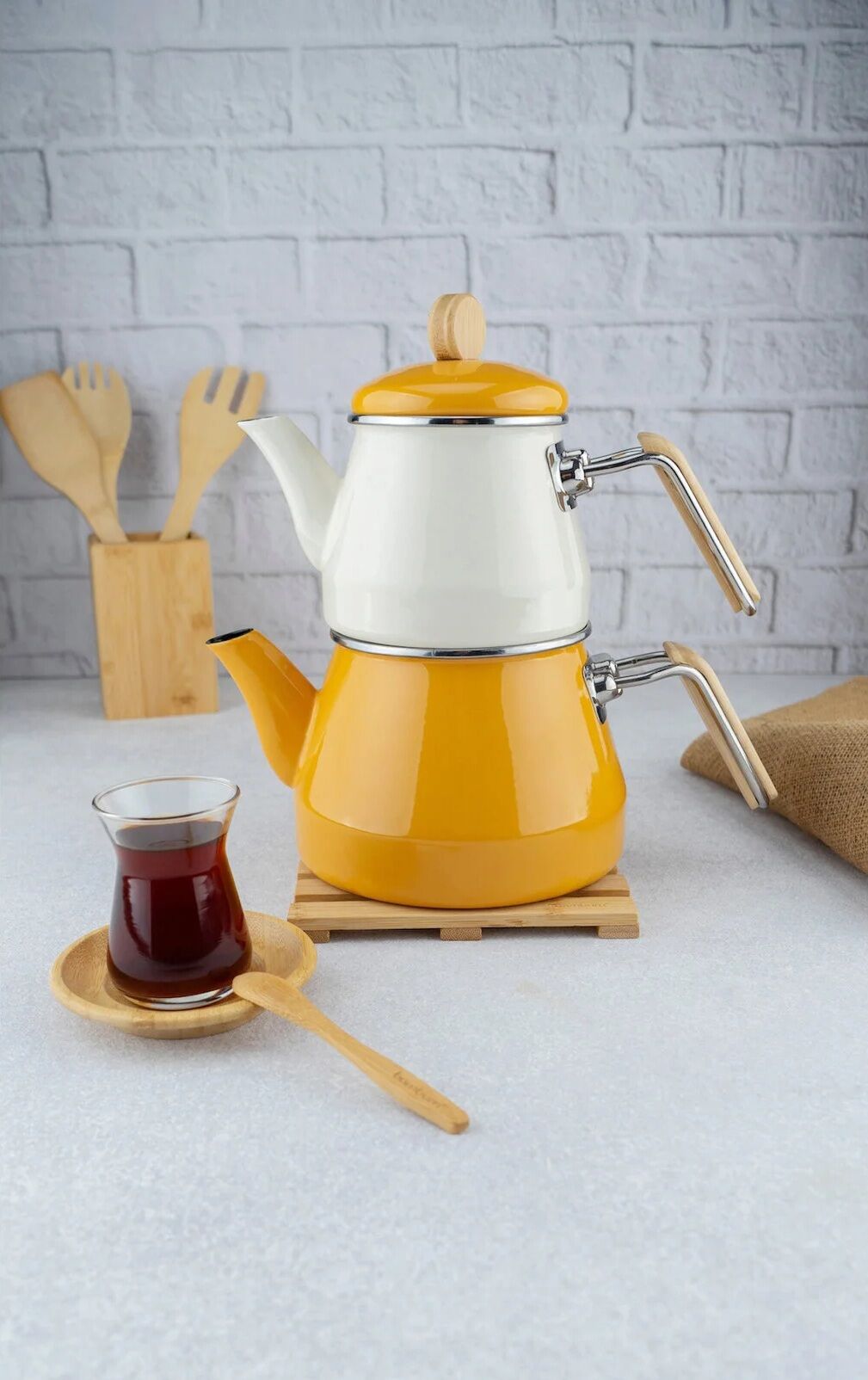 Bambum Lumino Bambu Kulplu Çaydanlık Takımı Hardal