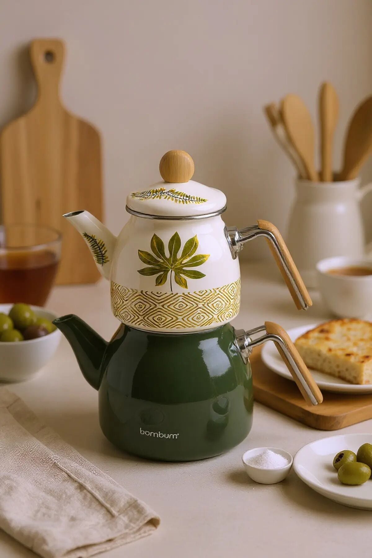 Bambum Unique Bambu Kulplu Emaye Çaydanlık Takımı Herb 6561