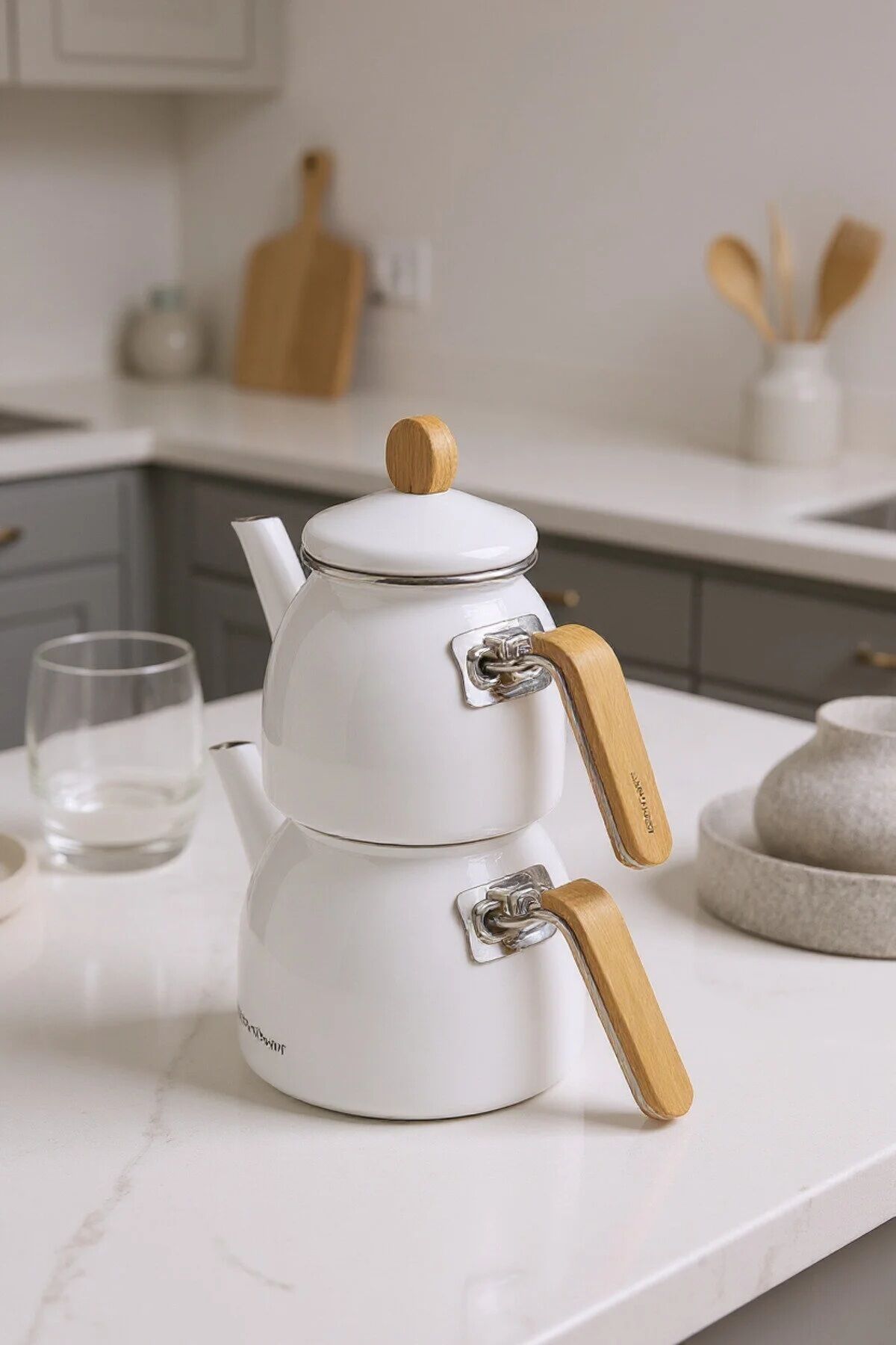 Bambum Sultan Bambu Kulplu Emaye Çaydanlık Takımı Beyaz 6550