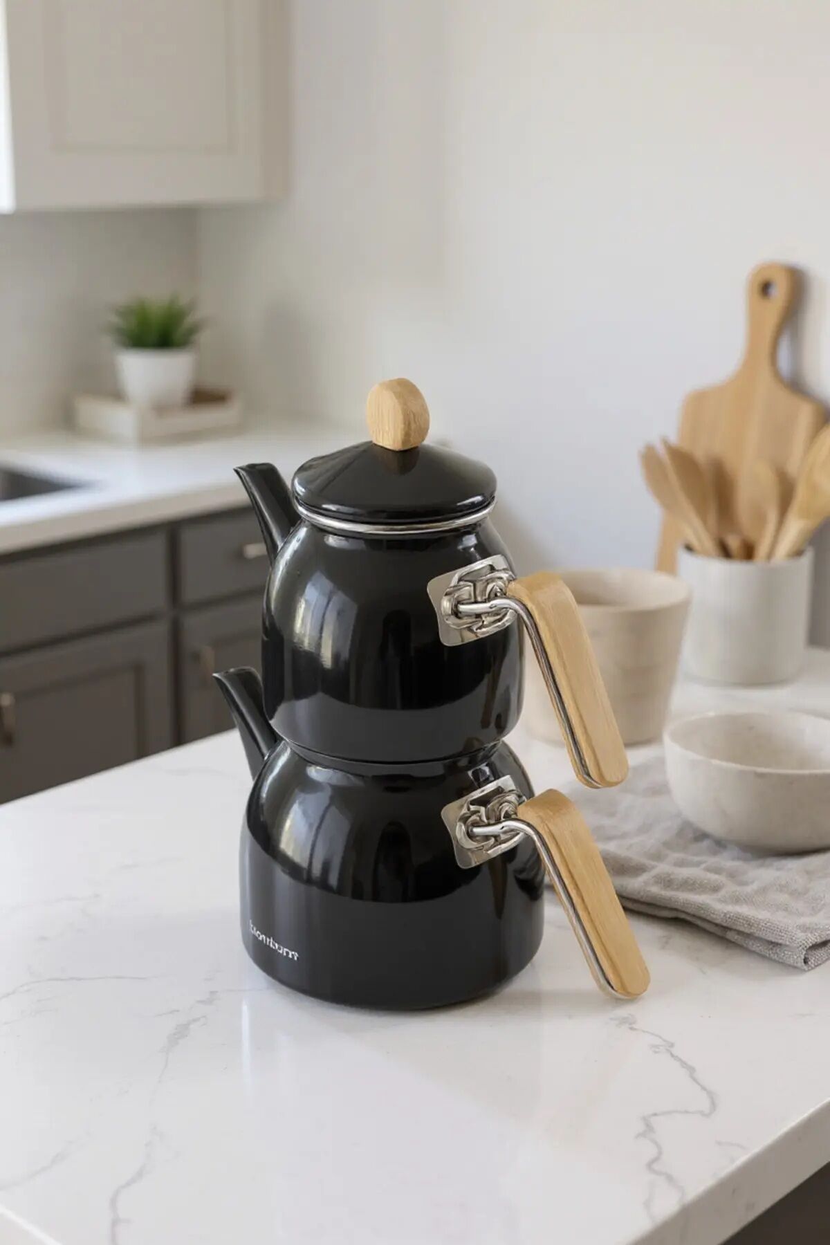 Bambum Sultan Bambu Kulplu Emaye Çaydanlık Takımı Siyah 6554