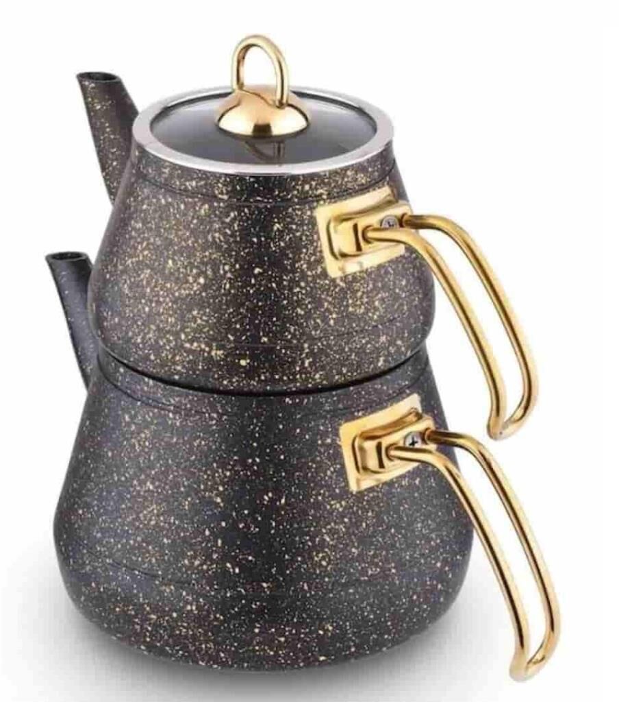 Lines Maya Granit Çaydanlık Takımı Orta Boy Altın Kulp Siyah