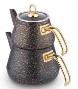 Lines Maya Granit Çaydanlık Takımı Orta Boy Altın Kulp Siyah