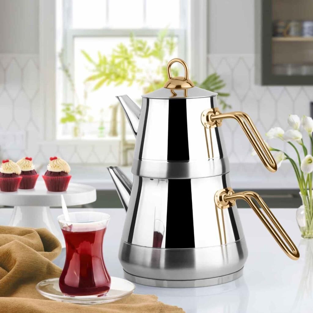 Lines Piramit Çelik Çaydanlık Takımı Mini Altın Kulp