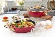 Lines Maya Granit Desenli 4 Parça Sahan Set Altın Kulp Kırmızı