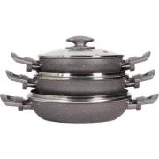 Mehtap Gri 3 lü Granit Sahan Seti Kapaklı 18+20+22 Cm