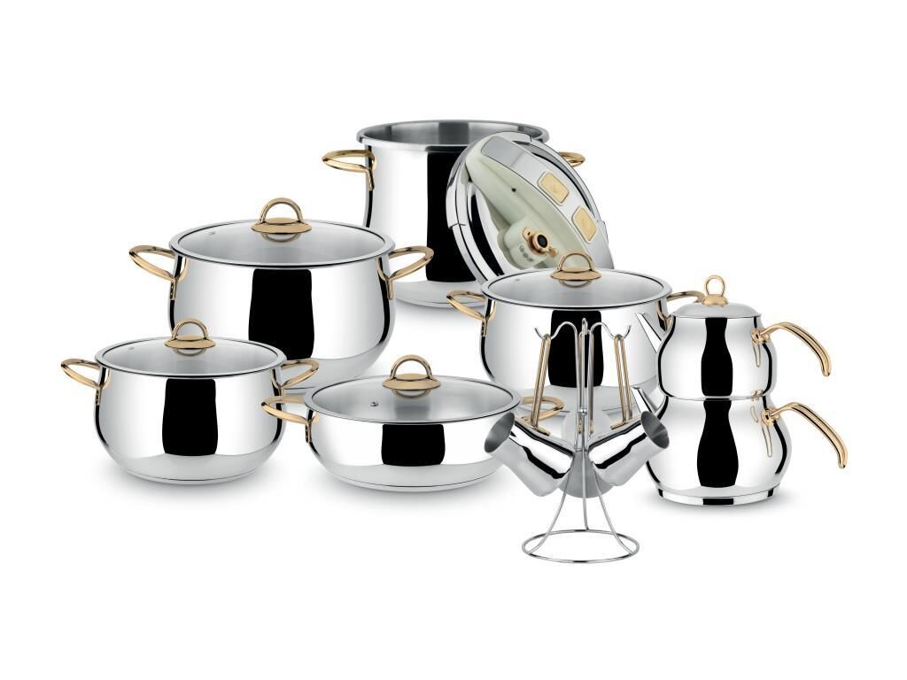 Lines Zeycan 18 Parça Clipso Paslanmaz Çelik Tencere Çeyiz Seti Altın Kulp