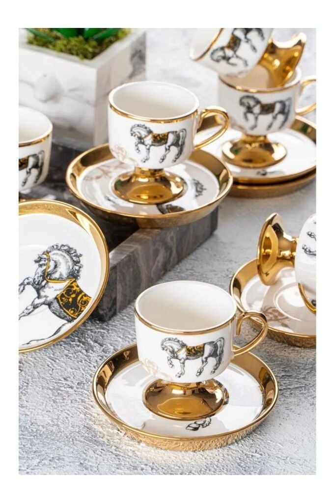 Acar Tamara Lüx Versace Desen 6 Lı Porselen Ayaklı Fincan Takımı 05092