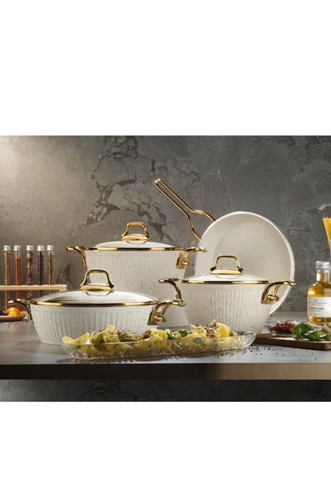 Lines Maya 7 Parça Granit Desenli Tencere Seti Altın Kulp Beyaz