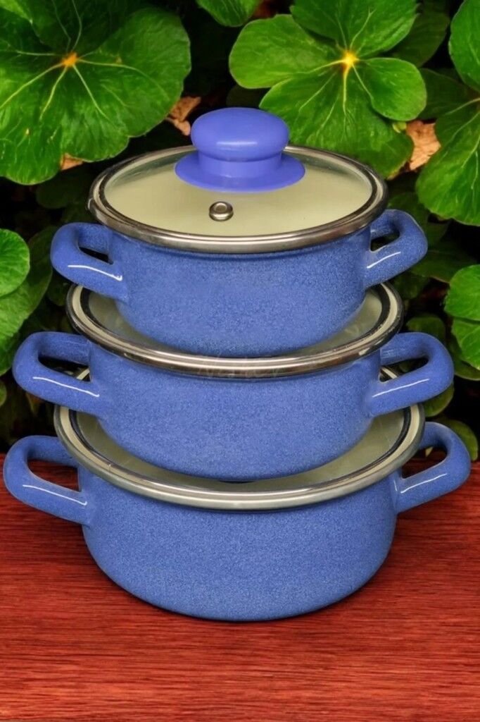 Lüks Emaye 6 Parça Mini Tencere Seti 12/14/16 Cm Mavi KR072-C