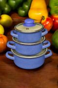 Lüks Emaye 6 Parça Mini Tencere Seti 12/14/16 Cm Mavi KR072-C