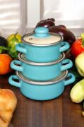 Lüks Emaye 6 Parça Mini Tencere Seti 12/14/16 Cm Turkuaz KR322-C