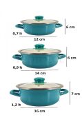 Lüks Emaye 6 Parça Mini Tencere Seti 12/14/16 Cm Turkuaz KR322-C