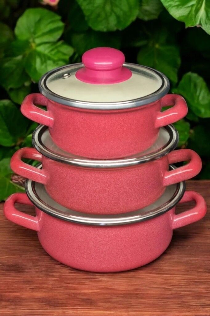 Lüks Emaye 6 Parça Mini Tencere Seti 12/14/16 Cm Kırmızı KR179-C