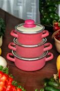 Lüks Emaye 6 Parça Mini Tencere Seti 12/14/16 Cm Kırmızı KR179-C