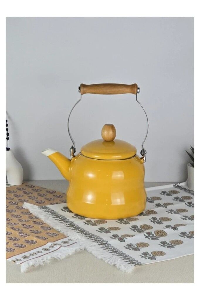 Vintage Ahşap Saplı Emaye Demlik Kettle 2,5Lt Sarı KR137-C