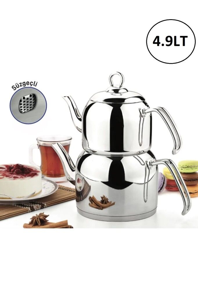 Özkent Menekşe Mega Boy 4.9 Lt Paslanmaz Çelik Çaydanlık Takımı Çelik Kulp K310