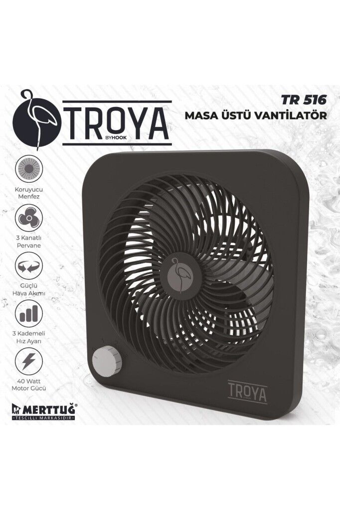 Troya Masaüstü Vantilatör 3 Kanatlı 3 Kademeli Vantilatör TR516