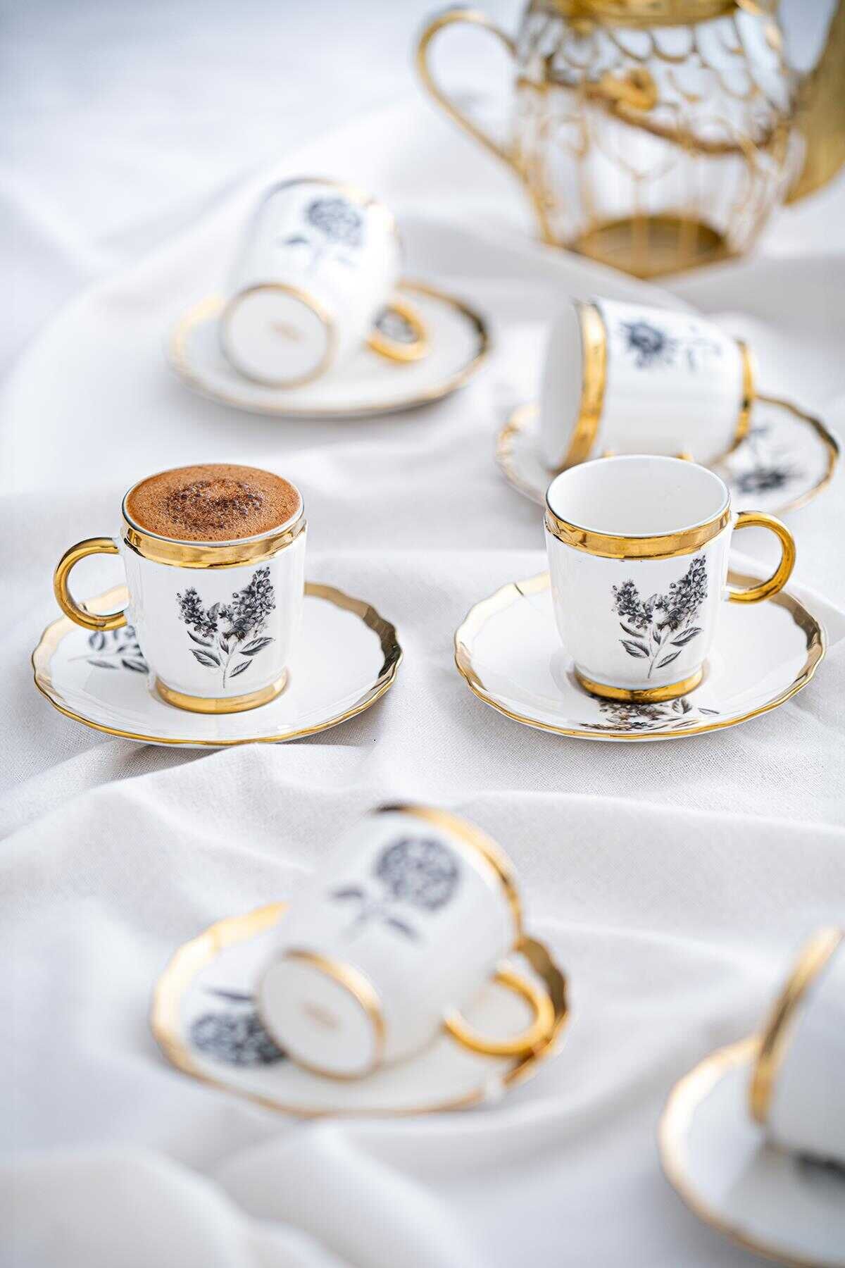 Acar Melody 6 Kişilik Porselen Kahve Fincanı Takımı 90 ml 5142 Gold Model-3