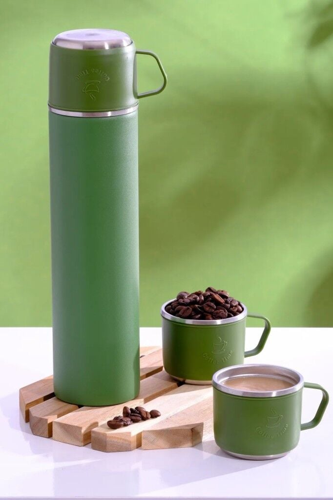 304 Paslanmaz Çelik 3 Bardaklı Termos Seti  Çay Kahve Piknik Kamp Yeşil