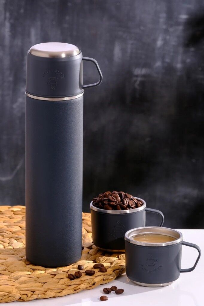 304 Paslanmaz Çelik 3 Bardaklı Termos Seti  Çay Kahve Piknik Kamp Gri