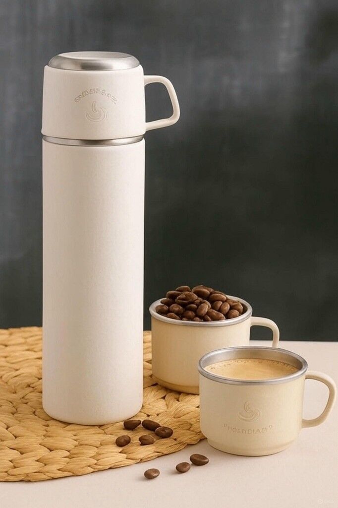 304 Paslanmaz Çelik 3 Bardaklı Termos Seti  Çay Kahve Piknik Kamp Krem