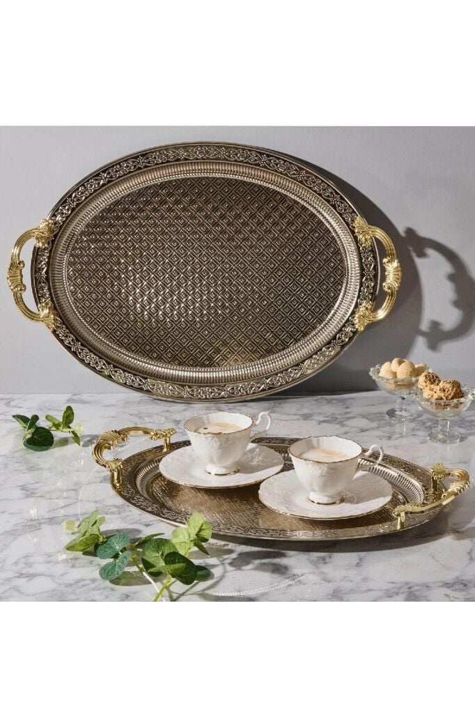 Lüx 2'li Kararmaz Gümüş Oval Servis Sunum Çay Kahve Tatlı Tepsisi 3696