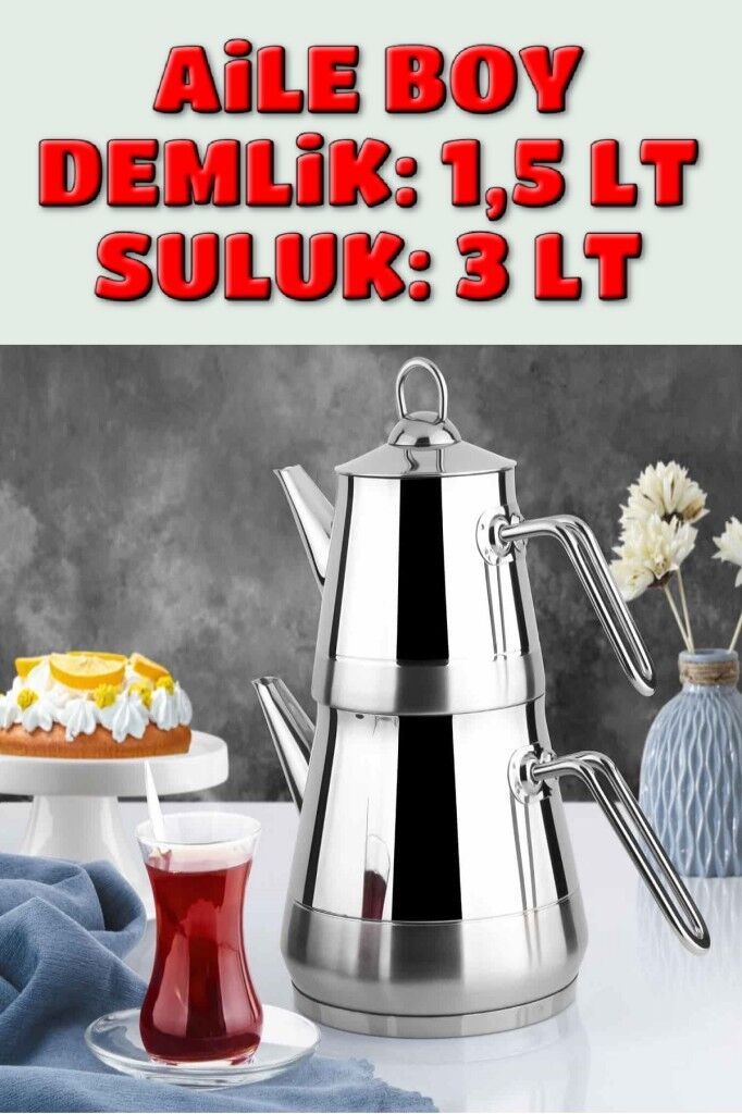 Lines Piramit Paslanmaz Çelik Çaydanlık Takımı Aile Boy Metal Kulp 3059