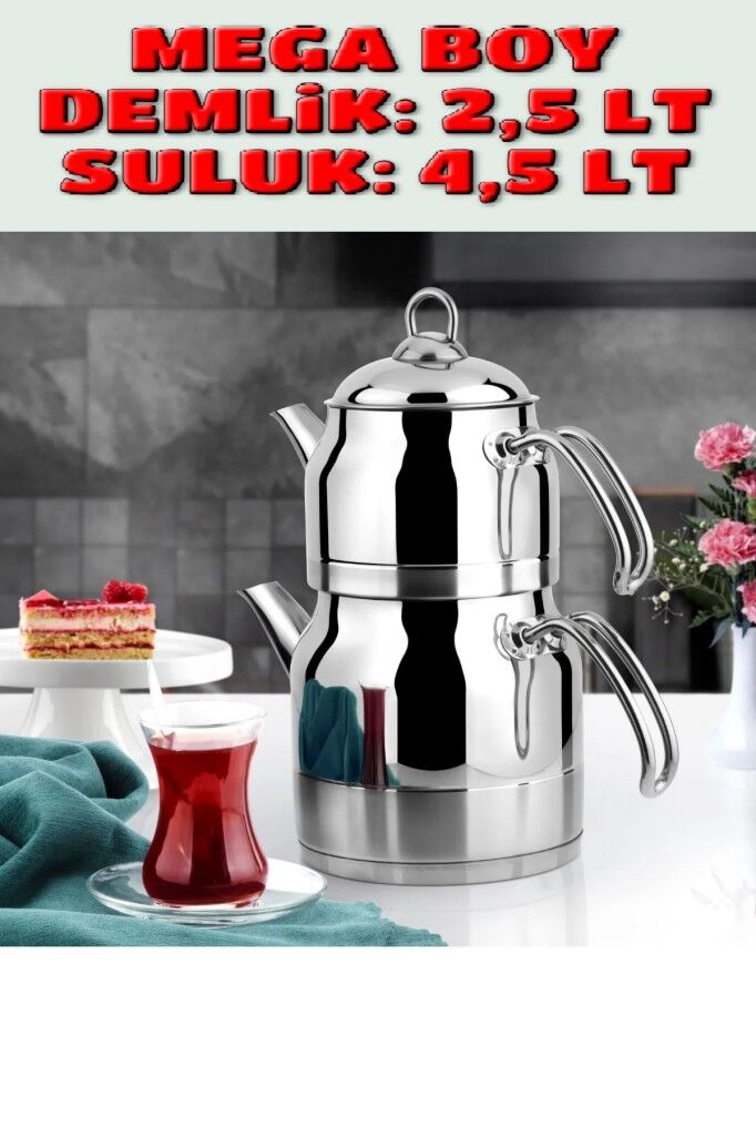 Lines Ayperi Paslanmaz Çelik Çaydanlık Takımı Metal Kulp Mega Boy 3044