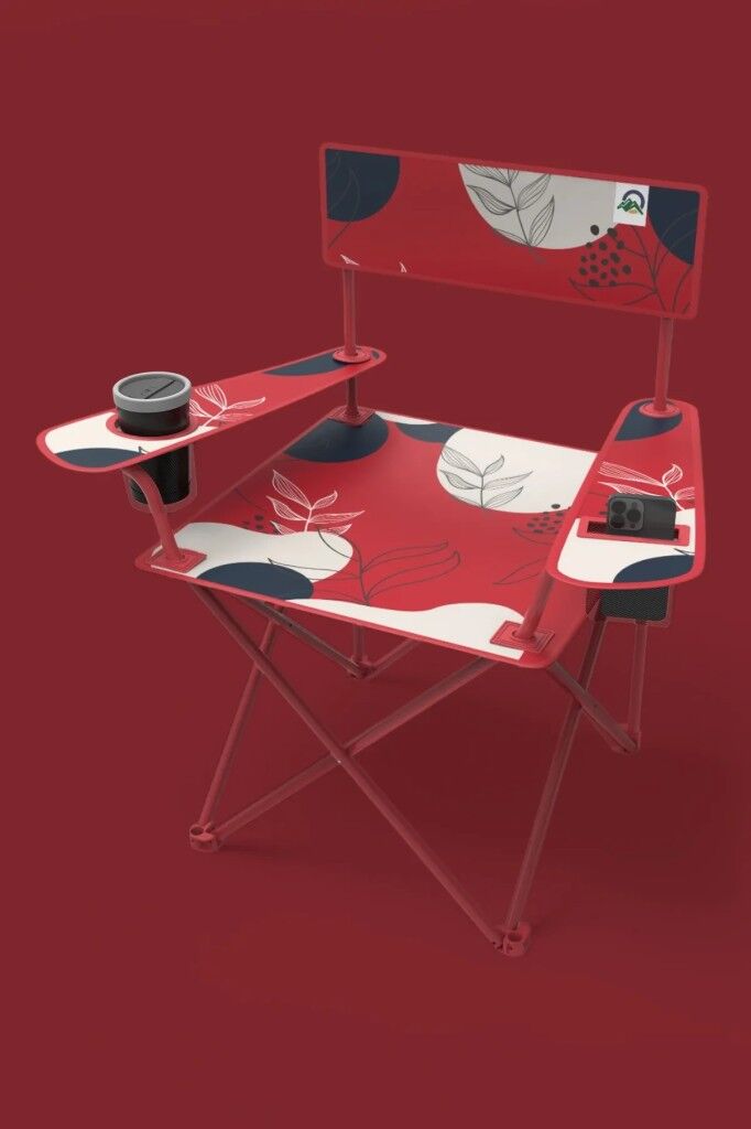 Qufi Desenli Katlanır Kamp Piknik Sandalyesi Rejisör Koltuğu Kırmızı