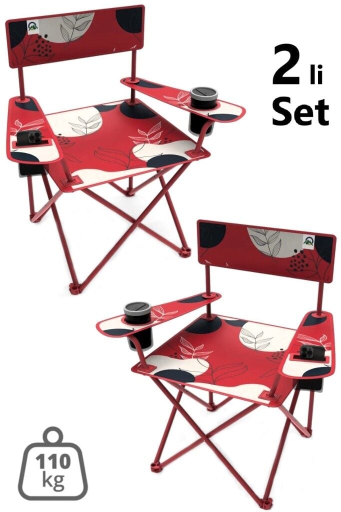 2 Adet Qufi Desenli Katlanır Kamp Piknik Sandalyesi Rejisör Koltuğu Kırmızı