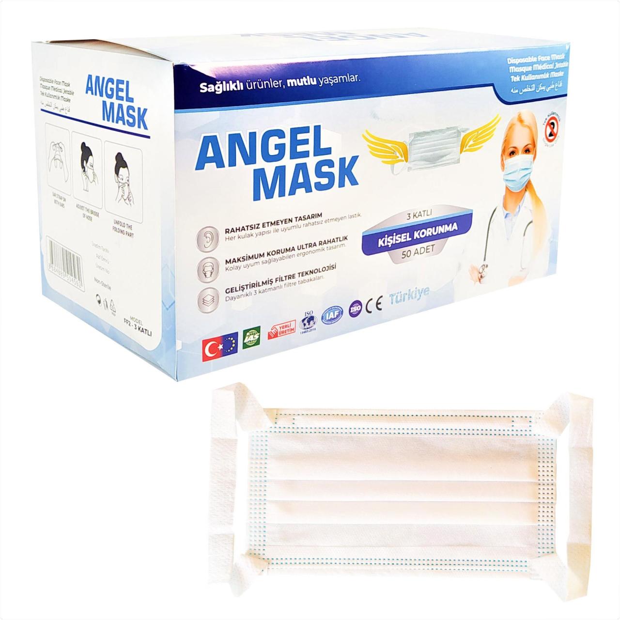 50 Adet Angel Mask Medikal Maske Ultrasonik Telli 3 Katlı