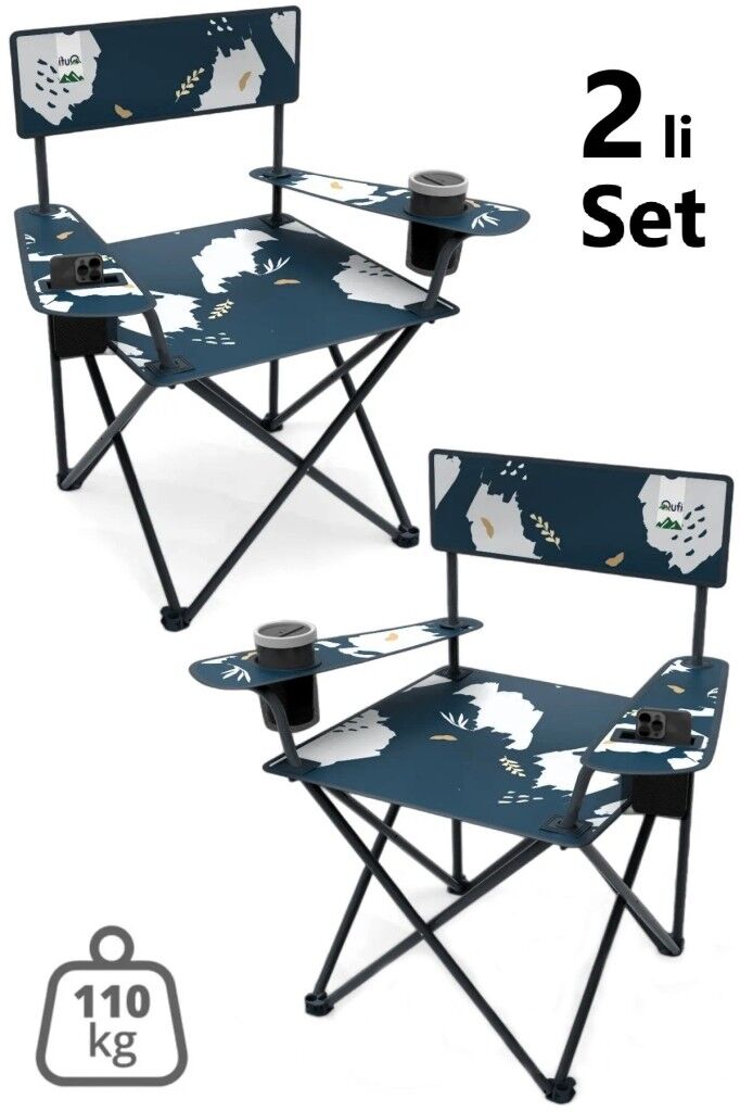 2 Adet Qufi Desenli Katlanır Kamp Piknik Sandalyesi Rejisör Koltuğu Mavi
