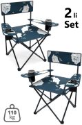 2 Adet Qufi Desenli Katlanır Kamp Piknik Sandalyesi Rejisör Koltuğu Mavi