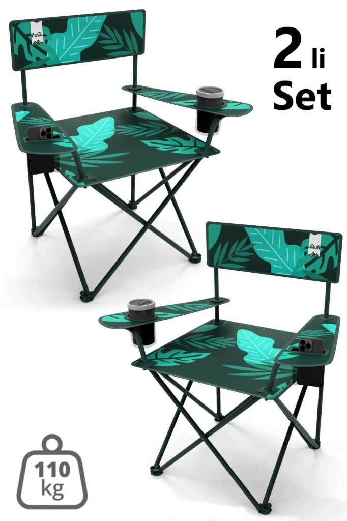 2 Adet Qufi Desenli Katlanır Kamp Piknik Sandalyesi Rejisör Koltuğu Yeşil