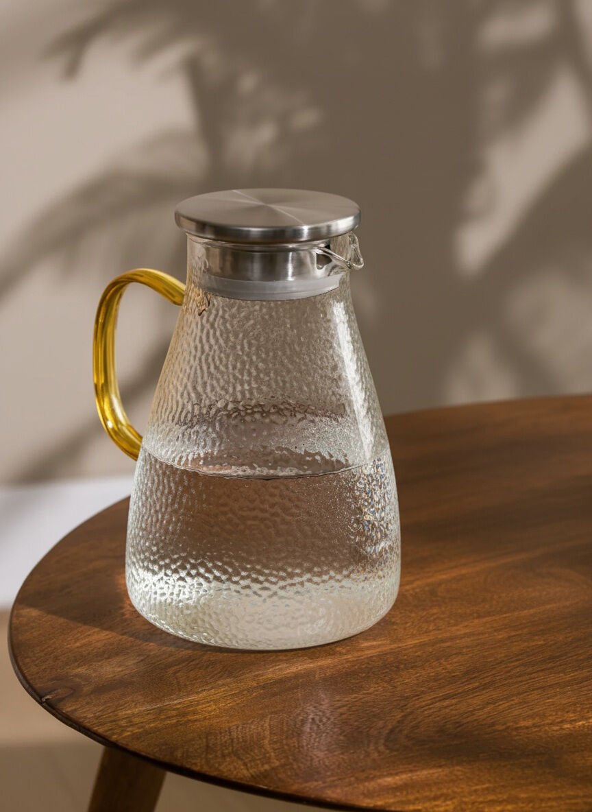 Kapris Metal Kapaklı Kabartma Desenli Cam Sürahi SA6855